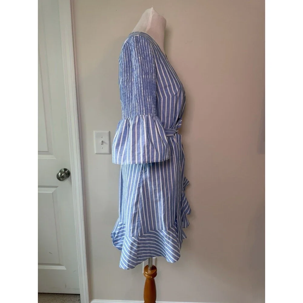 Label By 5 Twelve Striped Faux Wrap Dress Sz 4 Blue White Ruffle Tie Waist NWT